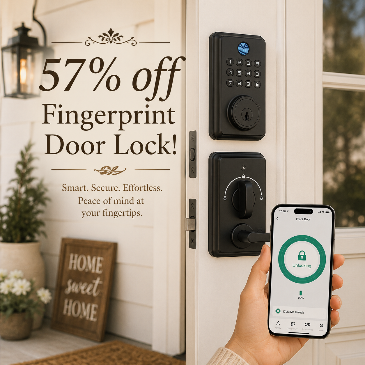 Fingerprint Door Lock with Handle, Smart Keyless Entry Door Lock with App, Stores 50 Fingerprints and 50 User Codes, IP65 Weatherproof Keypad Deadbolt for Front & Interior Doors, Auto-Lock, Black
