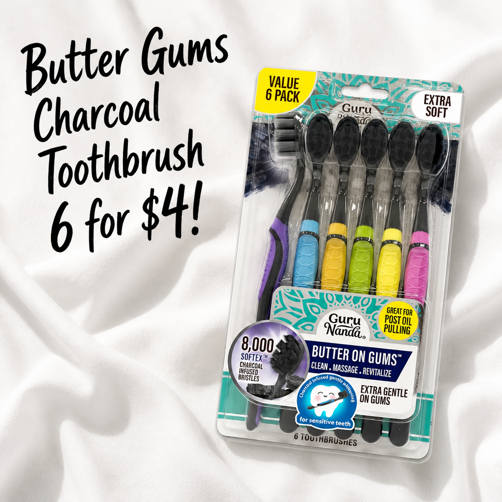 GuruNanda Butter on Gums Charcoal Toothbrush - 8000+ SoftexTM Bristles for Sensitive Teeth & Gums, Aids in Teeth Whitening, Extra Soft (6 Count)