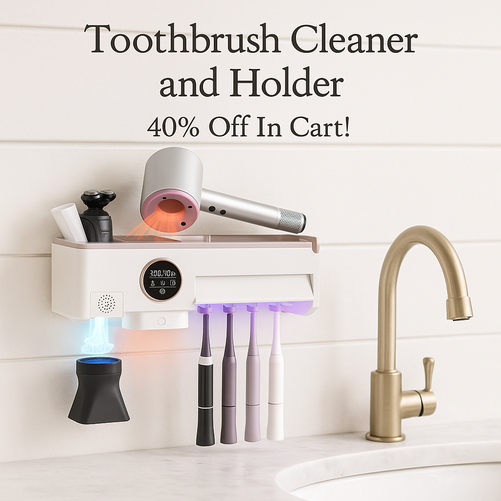 Toothbrush Cleaner and Holder for Bathrooms Wall Mounted with Fan Drying&30min Timing Function Cruise Air Drying,Electric Toothbrush Holder with 4Toothbrush Slots,Toothpaste Dispenser with Led Smart