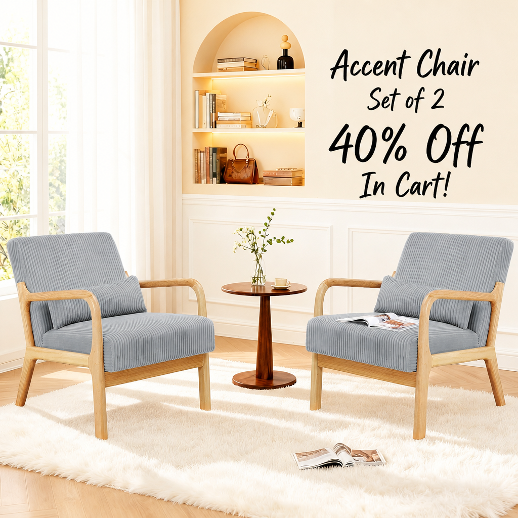 Youtanic Accent Chair Set of 2, Mid-Century Modern Armchair with Waist Cushion, Fabric Lounge Reading Chair with Wood Frame, Comfy Sitting Seat for Living Room, Bedroom, Balcony, up to 450lbs, Gray
