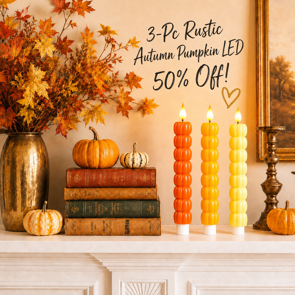 Fall Decorations - 3Pcs Rustic Autumn Pumpkin LED Candles for Table Decor | Flickering Flameless Thanksgiving Decor, Battery Operated Harvest Centerpieces for Farmhouse Home, Batteries Not Included