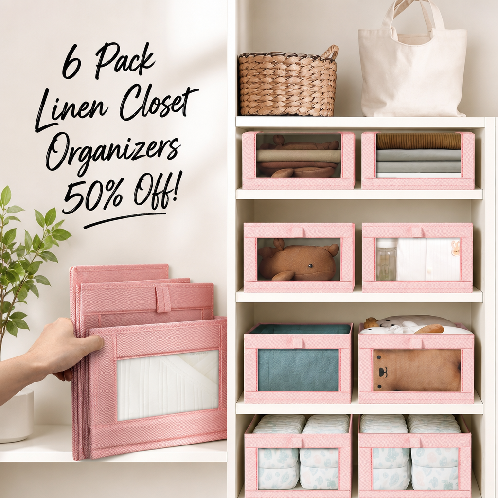 Criusia 6 Pack Linen Closet Organizers and Storage, Large Linen Closet Baskets for Organization, Foldable Storage Containers for Clothing, Towels, Jeans, Books, Shelves, Pink