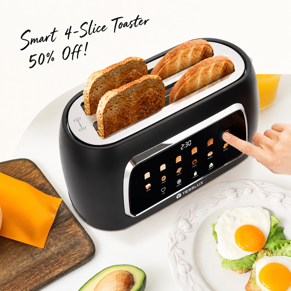 Tesslux 4 Slice Toaster, Touchscreen, 1.5" Long Wide Slot, 1300W, Black