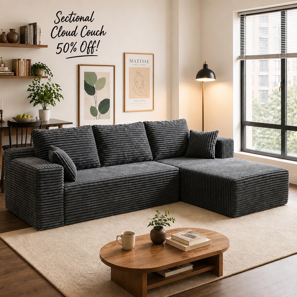 106" Boneless Couches for Living Room,Modular Sectional Sofa | L-shaped Cloud Couches for Apartments,Deep 25" Seats,Plush Corduroy,No Assembly,Compressed Packaging(Right Chaise,Dark Grey)