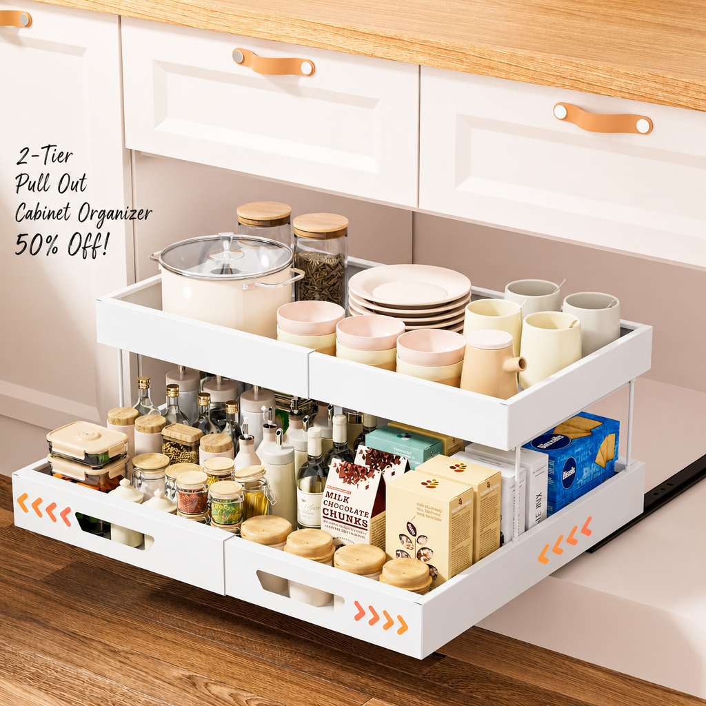 Nacial 2 Tier Pull Out Cabinet Organizer, Expandable(12.3"-20.7" W) Slide Out Cabinet Drawer with Adhesive Nano Film, Adjustable Heavy Duty Roll Out Shelves for Kitchen Pantry Bathroom Storage, White