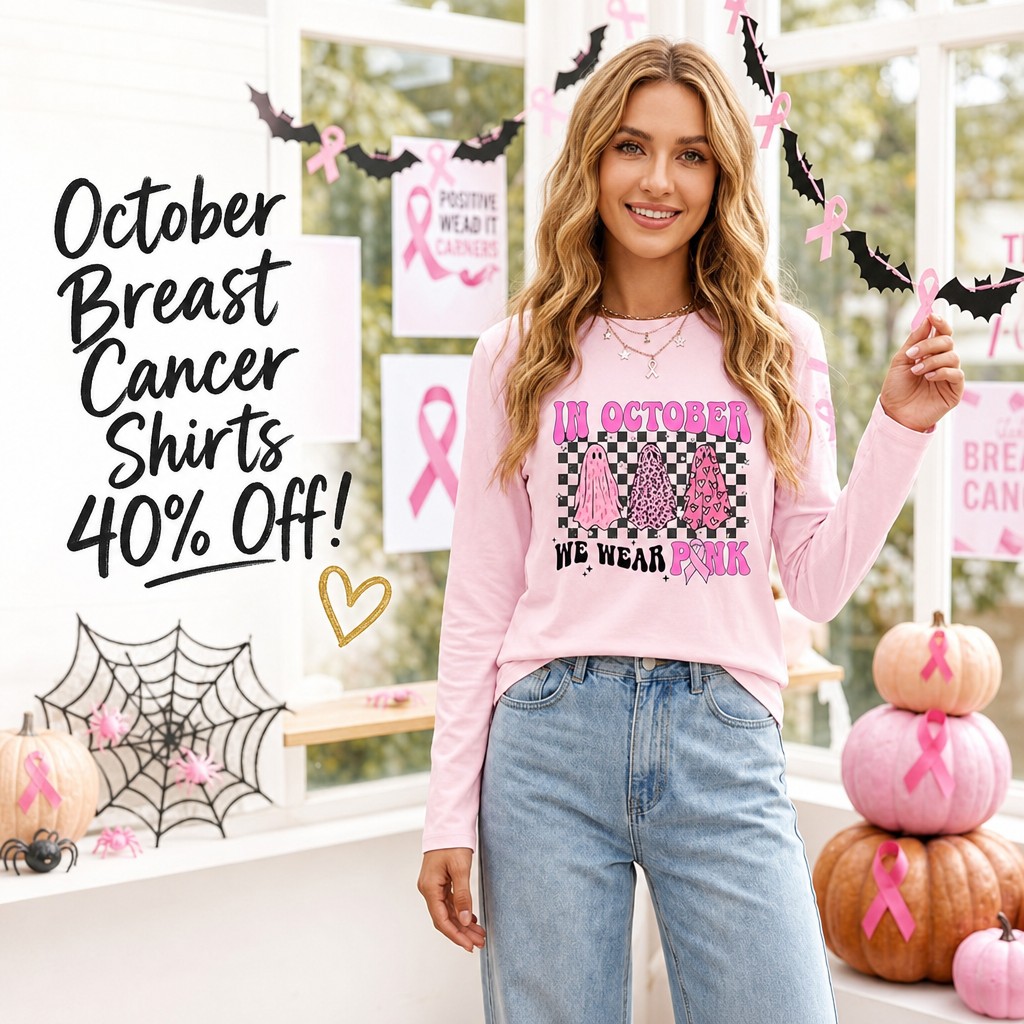 Eatbook Breast Cancer Shirts for Women Pink Halloween Ghost Long Sleeve Tee | In October We Wear Pink Shirt, Pink Ribbon Top, Support Squad Cancer Awareness Outfits, Halloween Fall Wear, Survivor Gifts