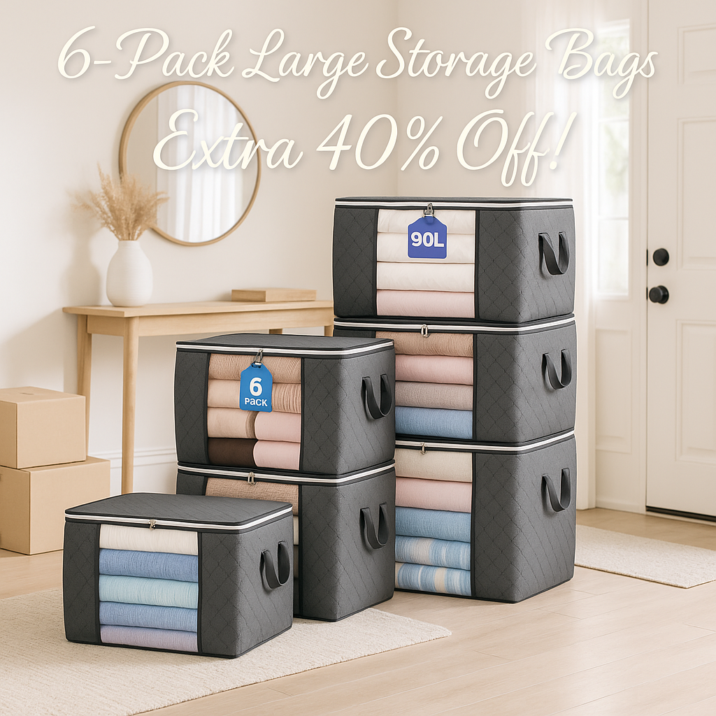 90 L Large Storage Bags, 6 Pack Clothes Storage Bins Foldable Closet Organizers Storage Containers with Reinforced Handle for Clothing, Blanket, Comforters, Bed Sheets, Pillows and Toys (Gray)