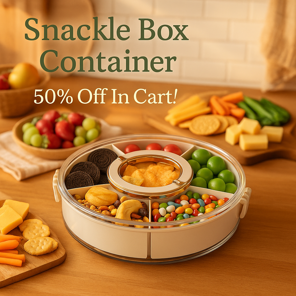 Snackle Box Container Divided Serving Tray with Lid, 6-Compartment Portable Spinning Round Stackable Container, Handle for Organize Veggies, Fruit, Candy, Party Snacks, Nuts, Kitchen Party Essentials