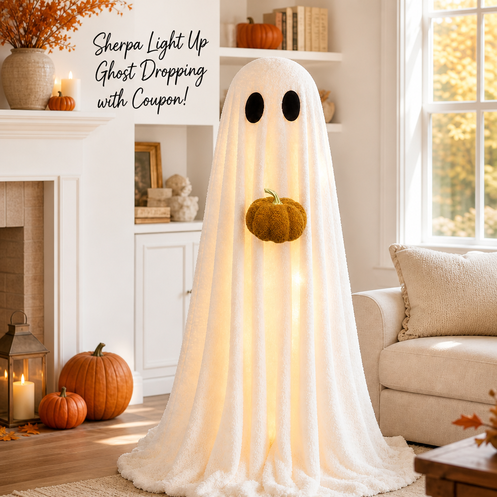 Halloween Decorations Indoor 3.6FT Light-Up Sherpa Ghost with Pumpkin