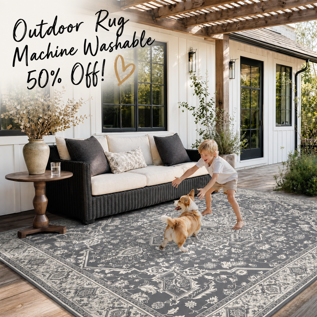 AMOAMI-Outdoor Rug-Patio Rug 5x8 ft Quick Dry Machine Washable Flatweave Textured Outdoor Carpet with Rubber Particles Backing Indoor Outdoor Rugs for Patio Deck Front Porch Balcony Greyish Black