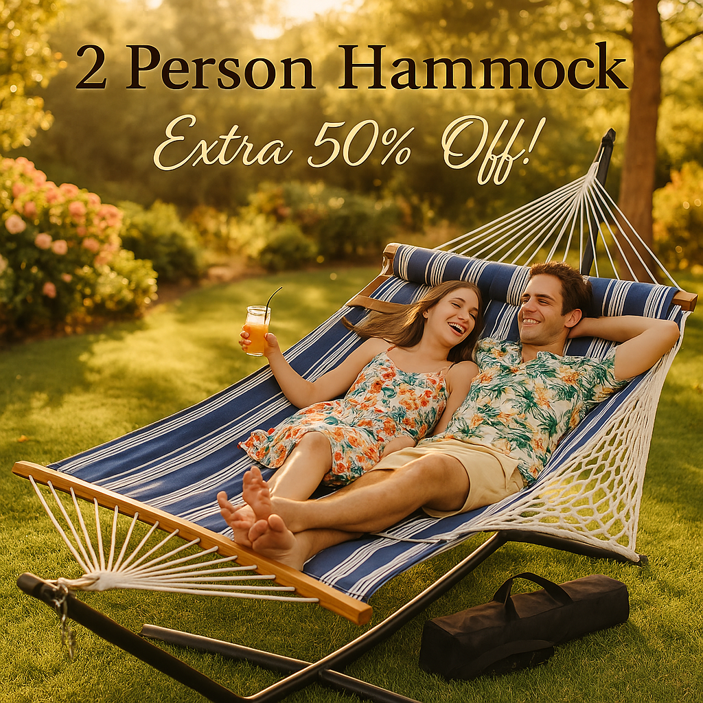 Everyfun 2 Person Hammock with Stand, Heavy Duty Double Cotton Rope Hammock with Removable Quilted Pad & Pillow, 500 LBS Adjustable Steel Frame, Tool-Free, Carry Bag for Outside Patio Yard, Blue