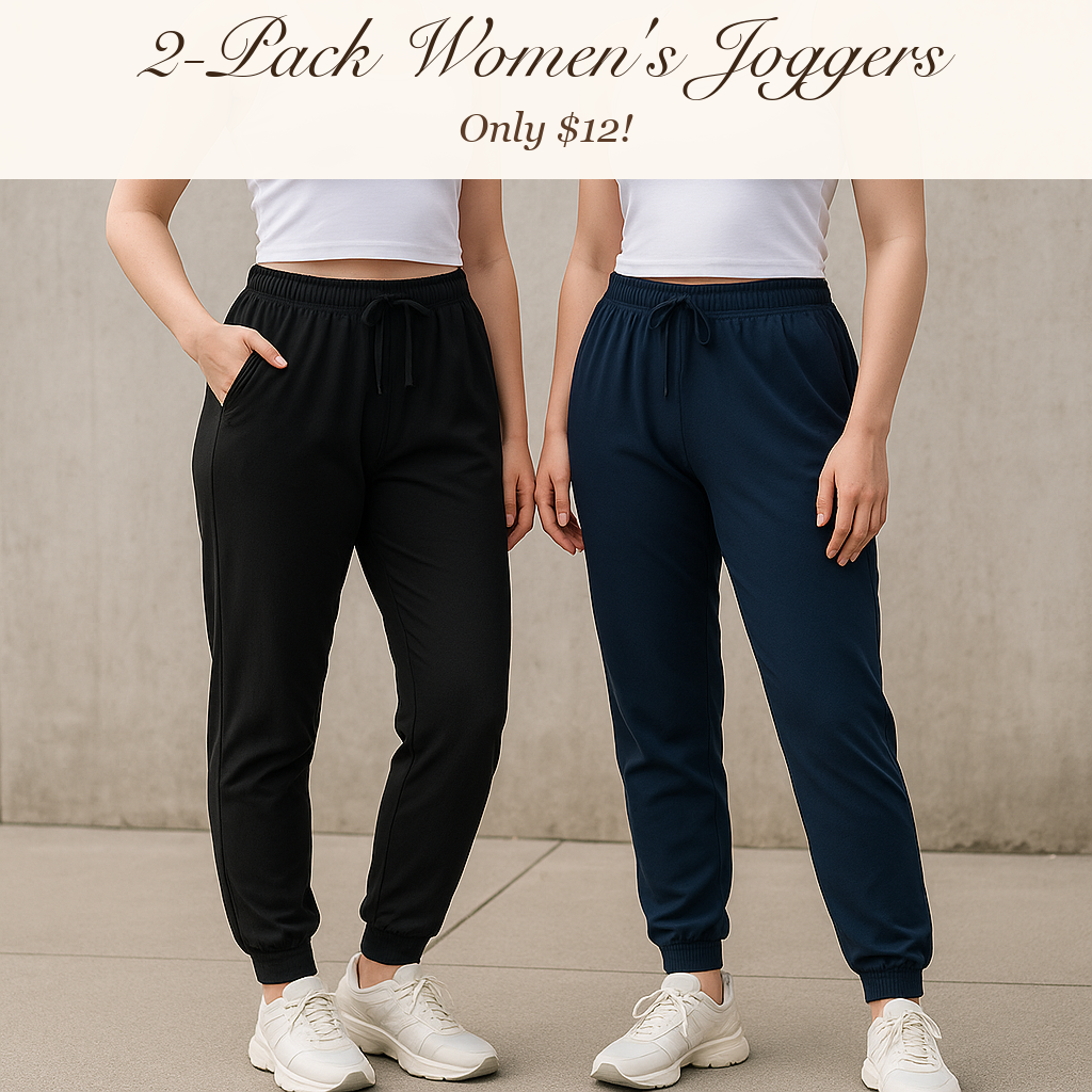 TRIUNION 2 Pack Women's Joggers Pants with Pockets Drawstring Running Sweatpants for Women Yoga Lounge Pants for Workout,Black,X-Large