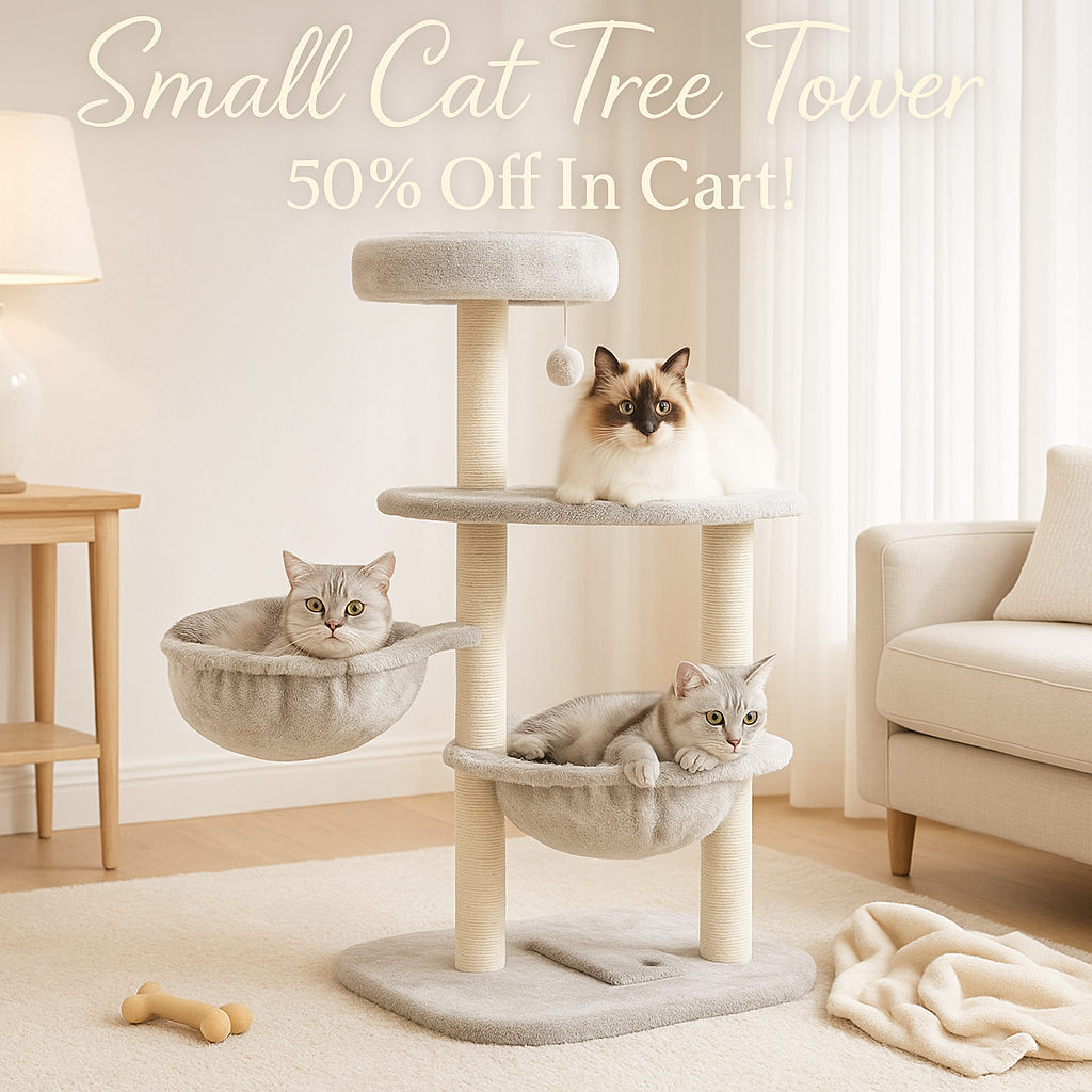 Small Cat Tree Tower with Lots of Scratching Posts - 42 Inch Medium Compact Cats Scratch House with Hammock Perch for Multi Level 2 Kitty - Indoor Corner Cat Bed Condo Climbing Gym Towers Furniture
