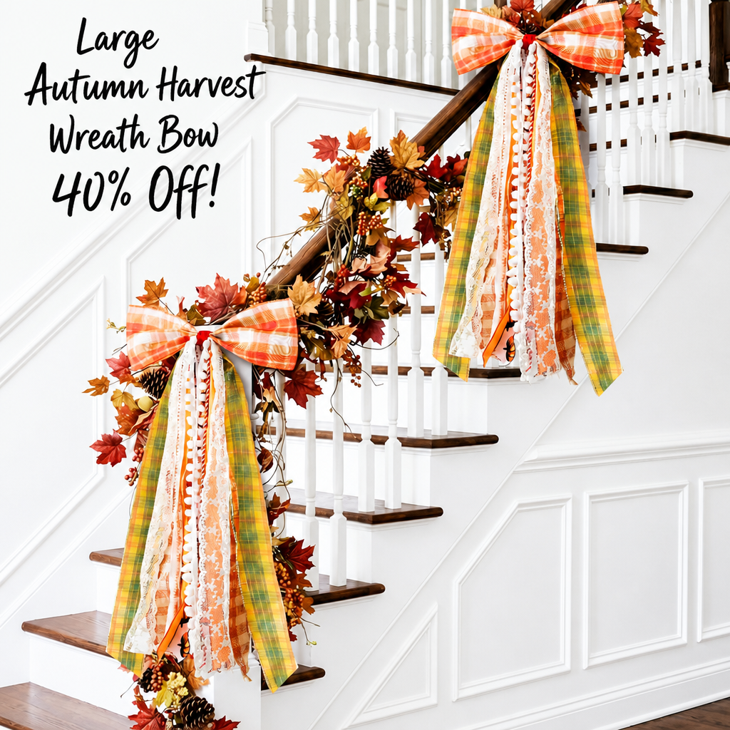 Fall Decor - Large Autumn Harvest Wreath Bow for Front Door 27x13 Inch