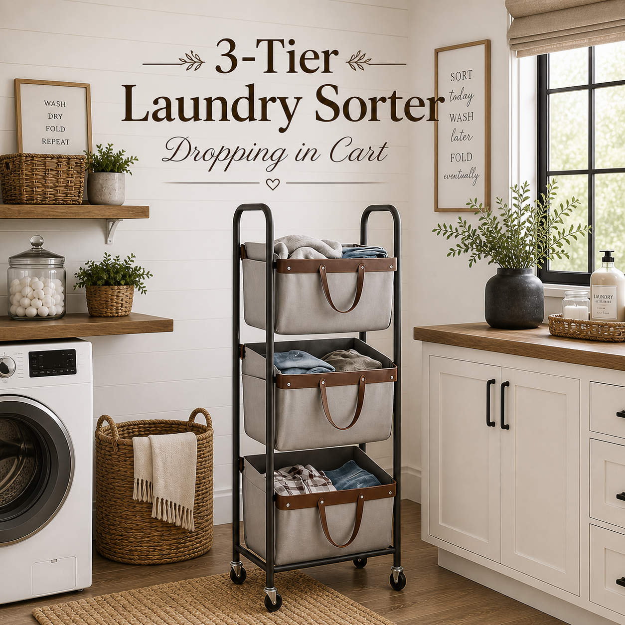 GRANNY SAYS 3 Tier Laundry Sorter, Laundry Hamper with Wheels, Laundry Room Organization and Storage, 3 Section Rolling Laundry Cart for Dorm, Bathroom, Bedroom, Closet, Grey