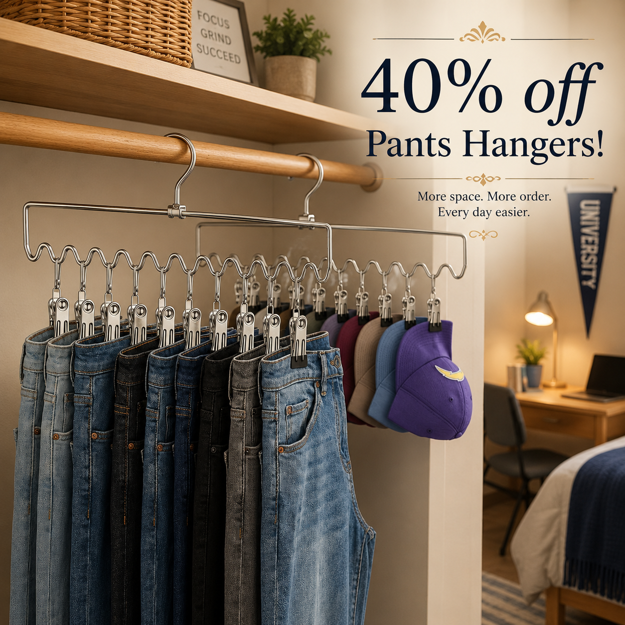 Pants Hangers Space Saving with Clips,Closet Organizers and Storage,20 Non-Slip Rubber Clips Metal Legging Organizer for Jeans Skirt Home Essentials,Dorm Room Essentials for College Students Girls Guy