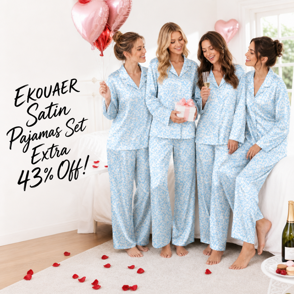 Ekouaer Women's Satin Pajamas Long Sleeve Button Up Pjs 2 Piece Lounge Set