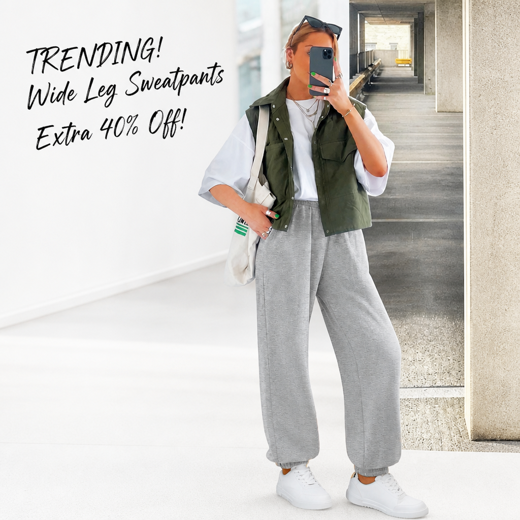 ATHMILE Sweatpants Women Wide Leg Baggy Lounge Sweat Pants A-Black