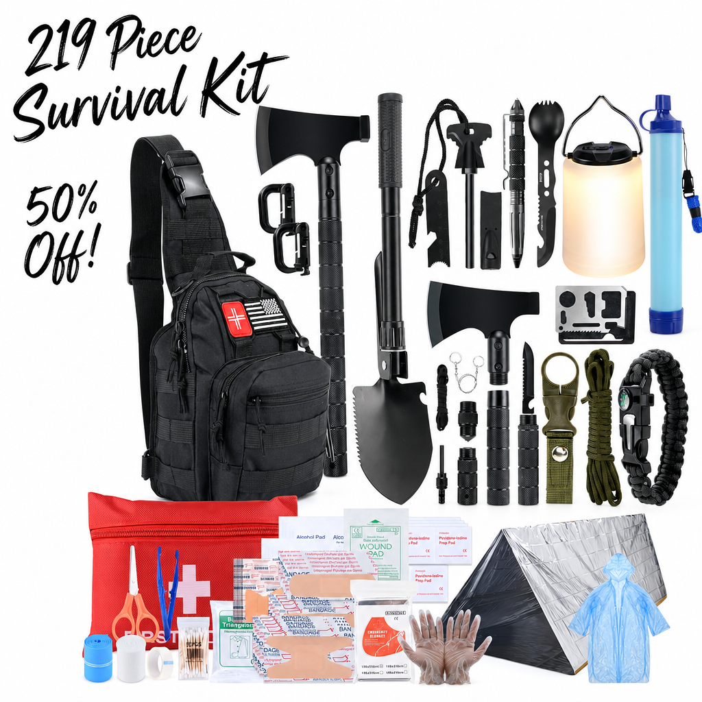 Survival Kit–219Pcs Bug Out Bag with First Aid Kit, Crossbody Bag, Axe, LED Camping Lantern & Water Filter–Emergency Gear for Outdoor Hiking, Hunting, Car Disaster Preparedness–Gift for Men Dad