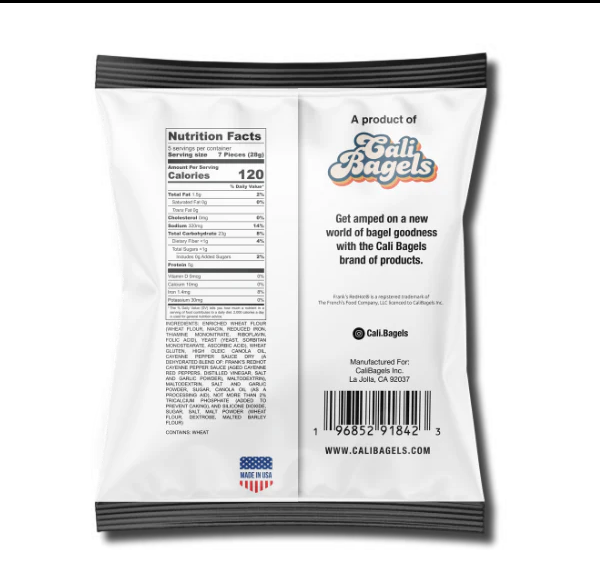 Back of Frank’s RedHot Seasoned Bagel Chips bag showing nutrition facts, ingredients, and barcode