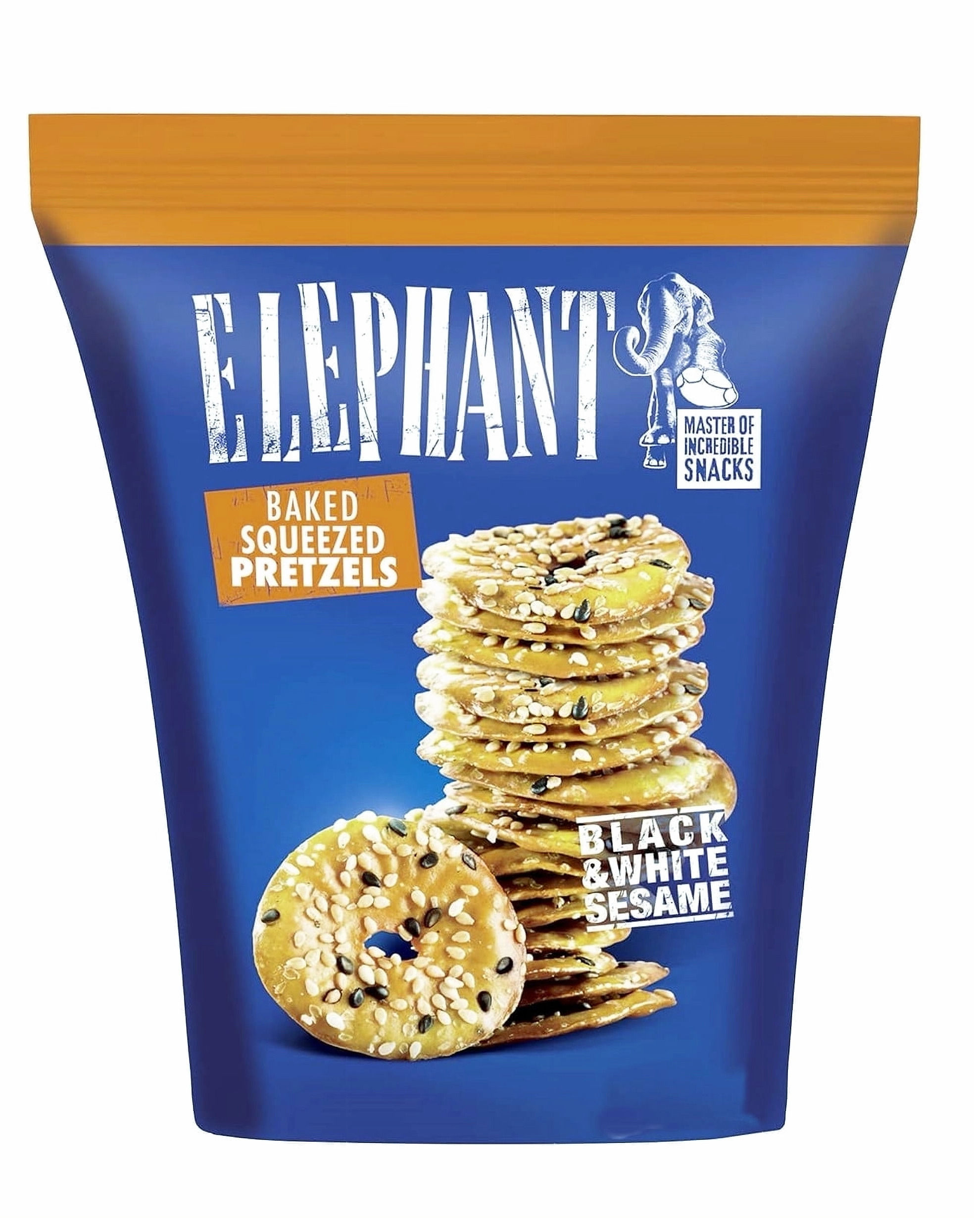 Elephant Black & White Sesame baked squeezed pretzels front of bag