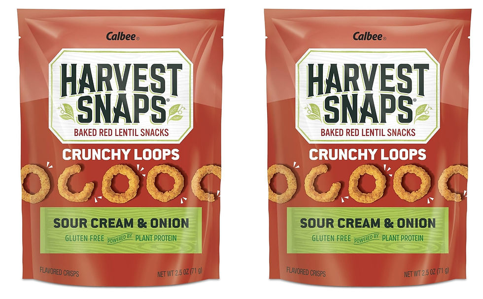 Harvest Snaps Sour Cream and Onion Crunchy Loops baked red lentil snacks two pack