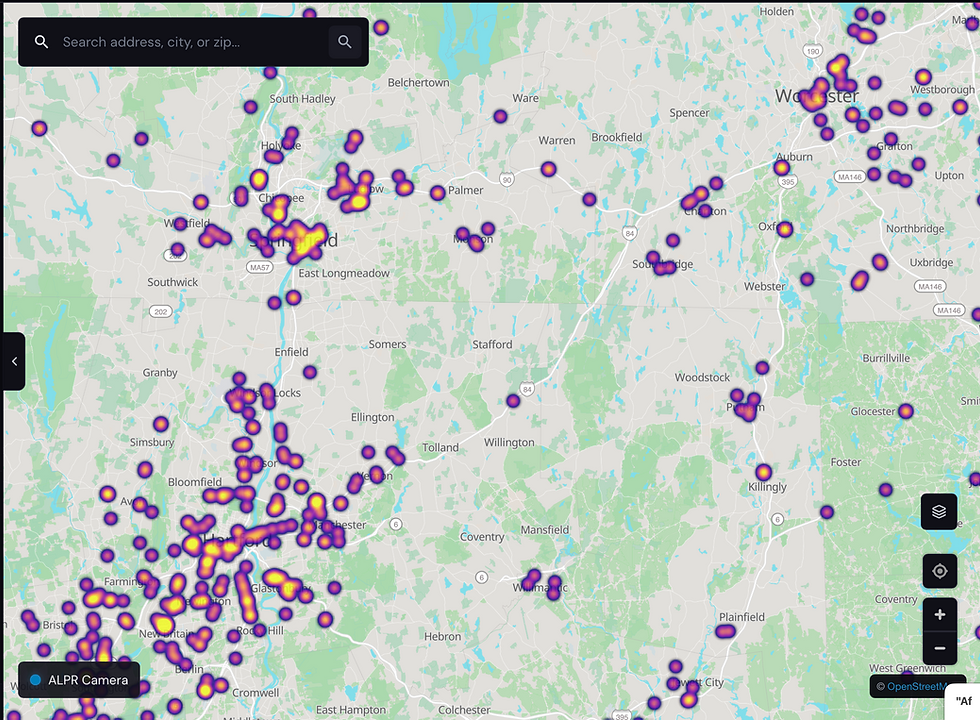 A map of Flock cameras near Stafford, CT