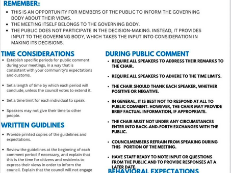 A handout detailing Robert's Rules of Order about public comment during meetings