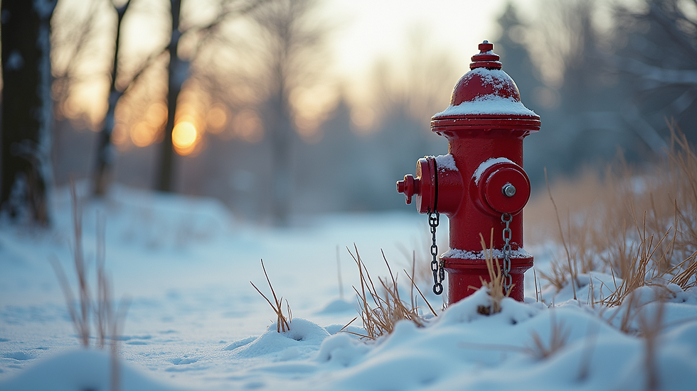 Eye-level view of a fire hydrant surrounded by cleared vegetation and snow
