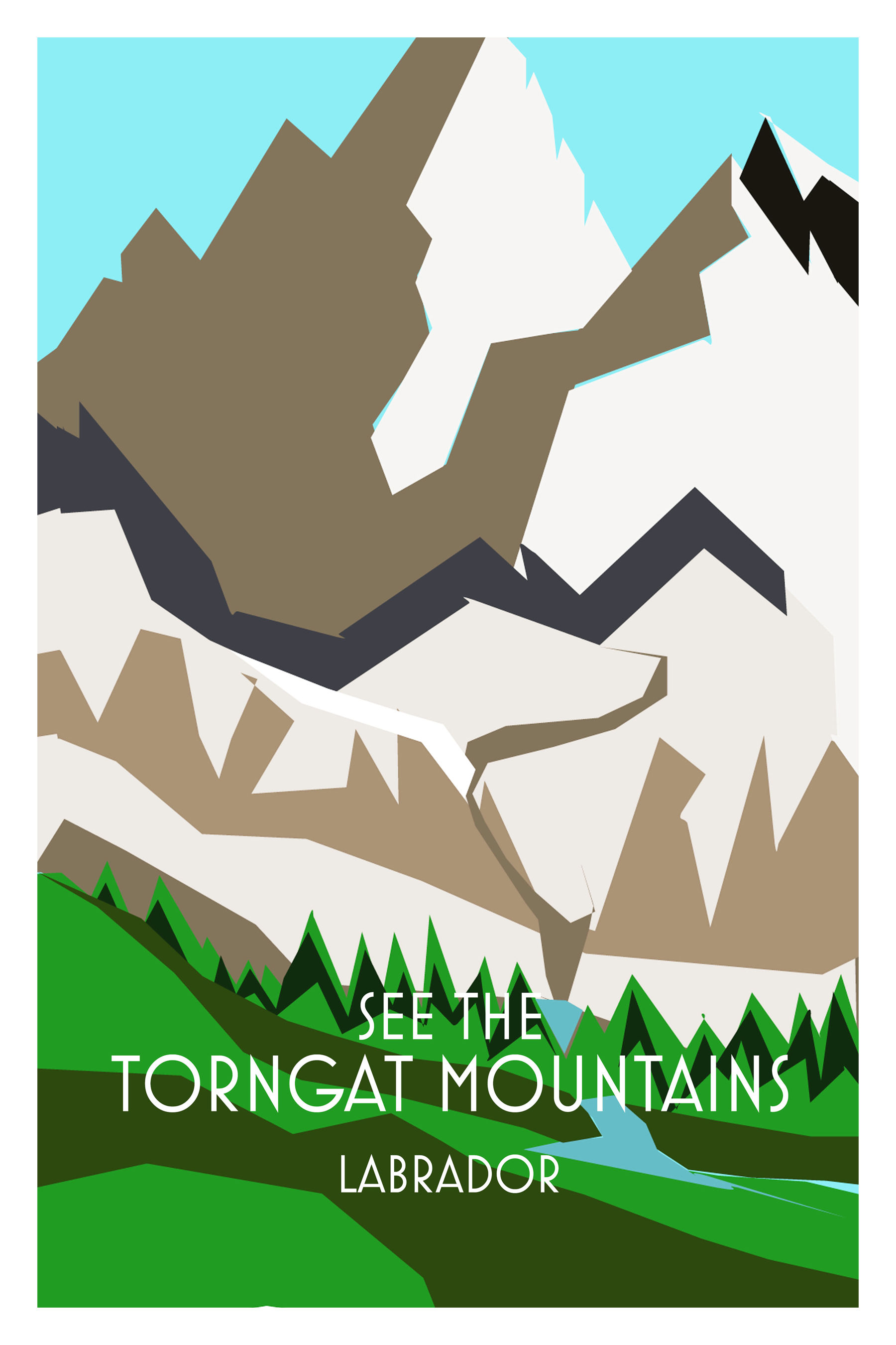 See The Torngat Mountains Labrador art poster featuring bold geometric peaks in shades of deep blue, teal, and soft pink agai