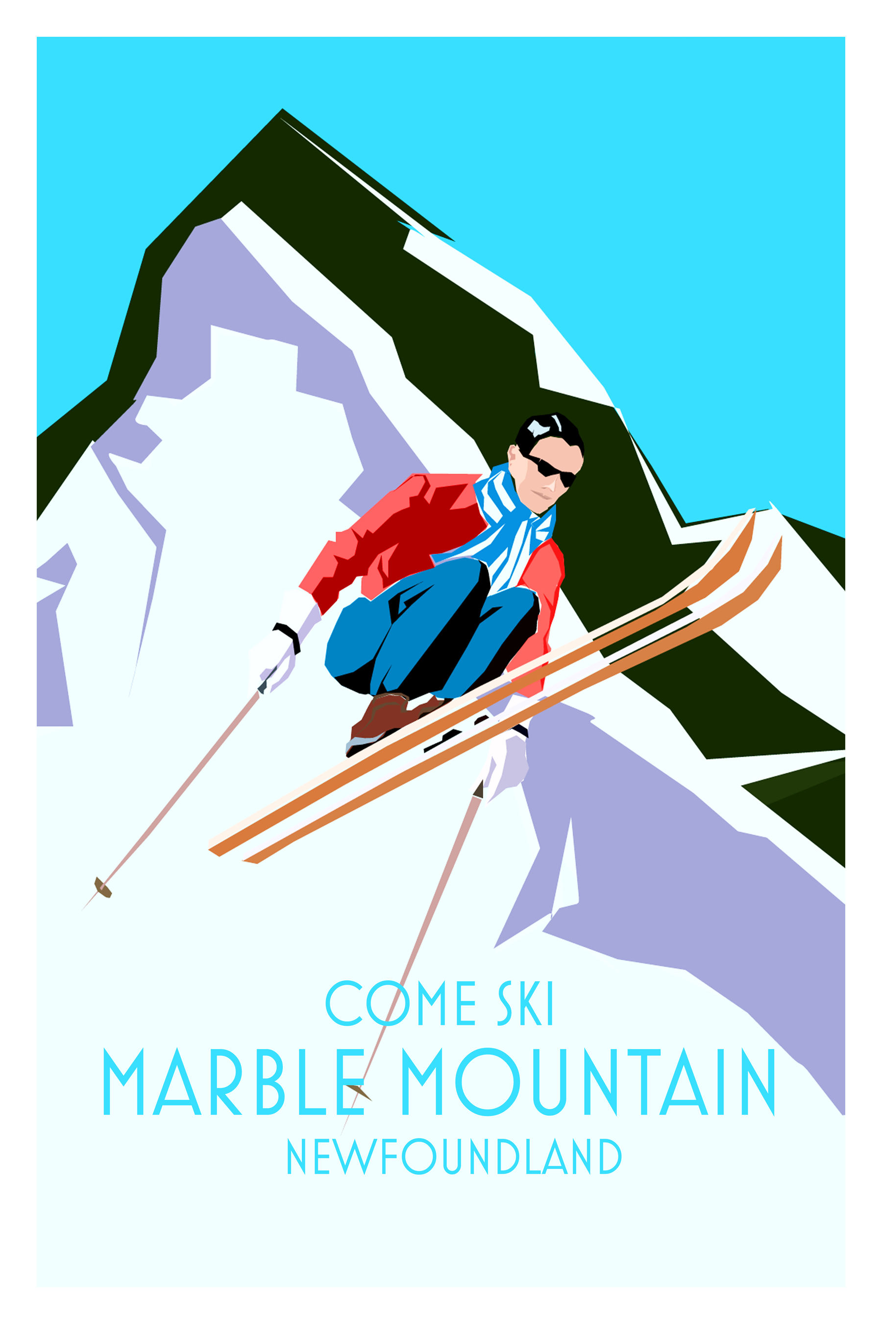 Come Ski Marble Mountain Newfoundland art poster featuring a skier on the slopes with Marble Mountain in the background.