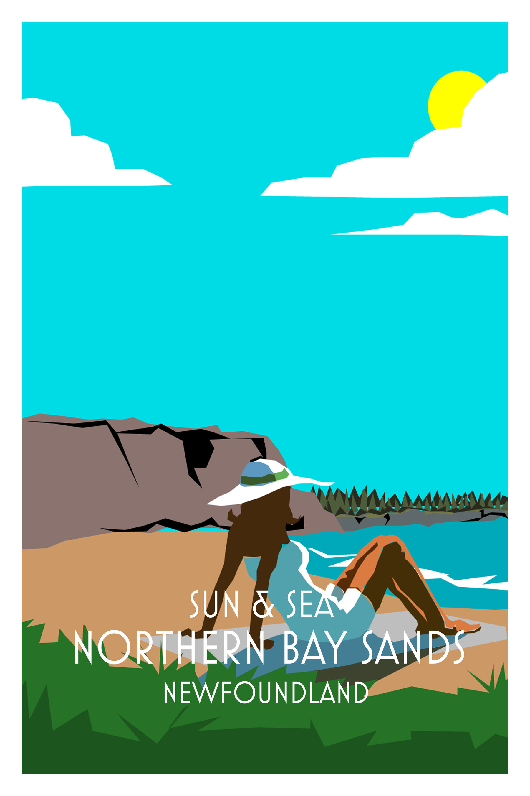 Sun & Sea Northern Bay Sands Newfoundland art poster featuring a sunny beach scene with ocean waves and golden sand