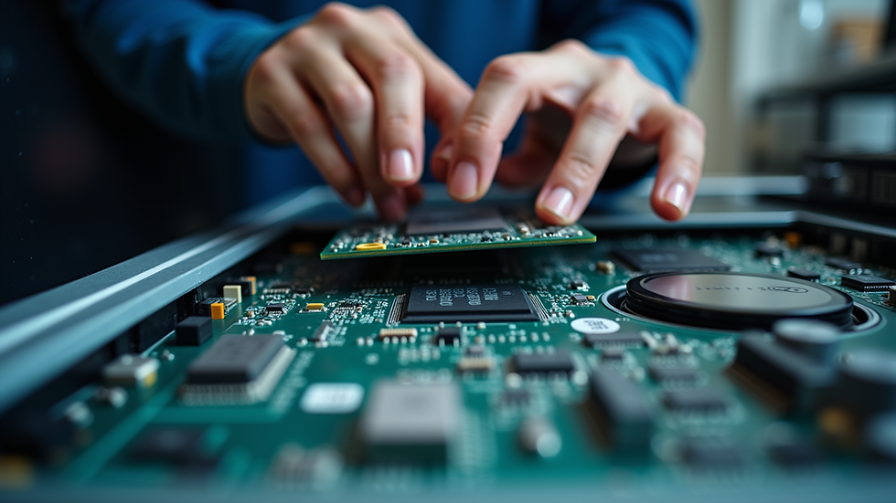 Eye-level view of a technician inspecting a laptop's internal components