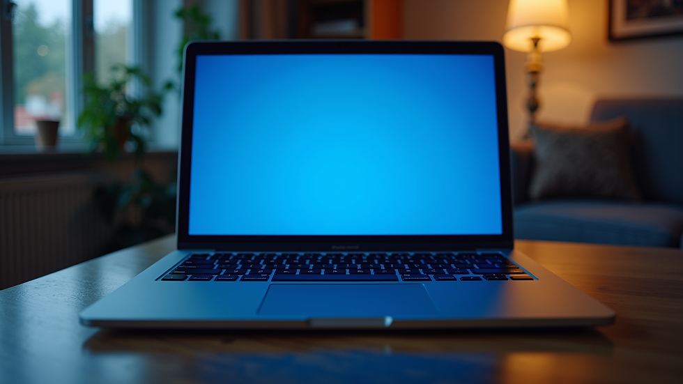 Eye-level view of a laptop with a blue screen error displayed
