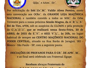 Iniciações de novos membros acontecerão nessa sexta na Grande Loja Maçônica Nacional - GLOMN
