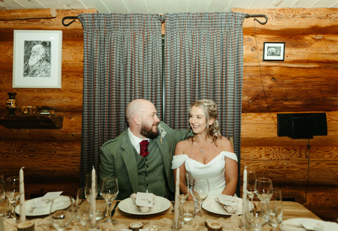 Cosy wedding dinner at Log Cabin by the fire in the scottish Highlands 