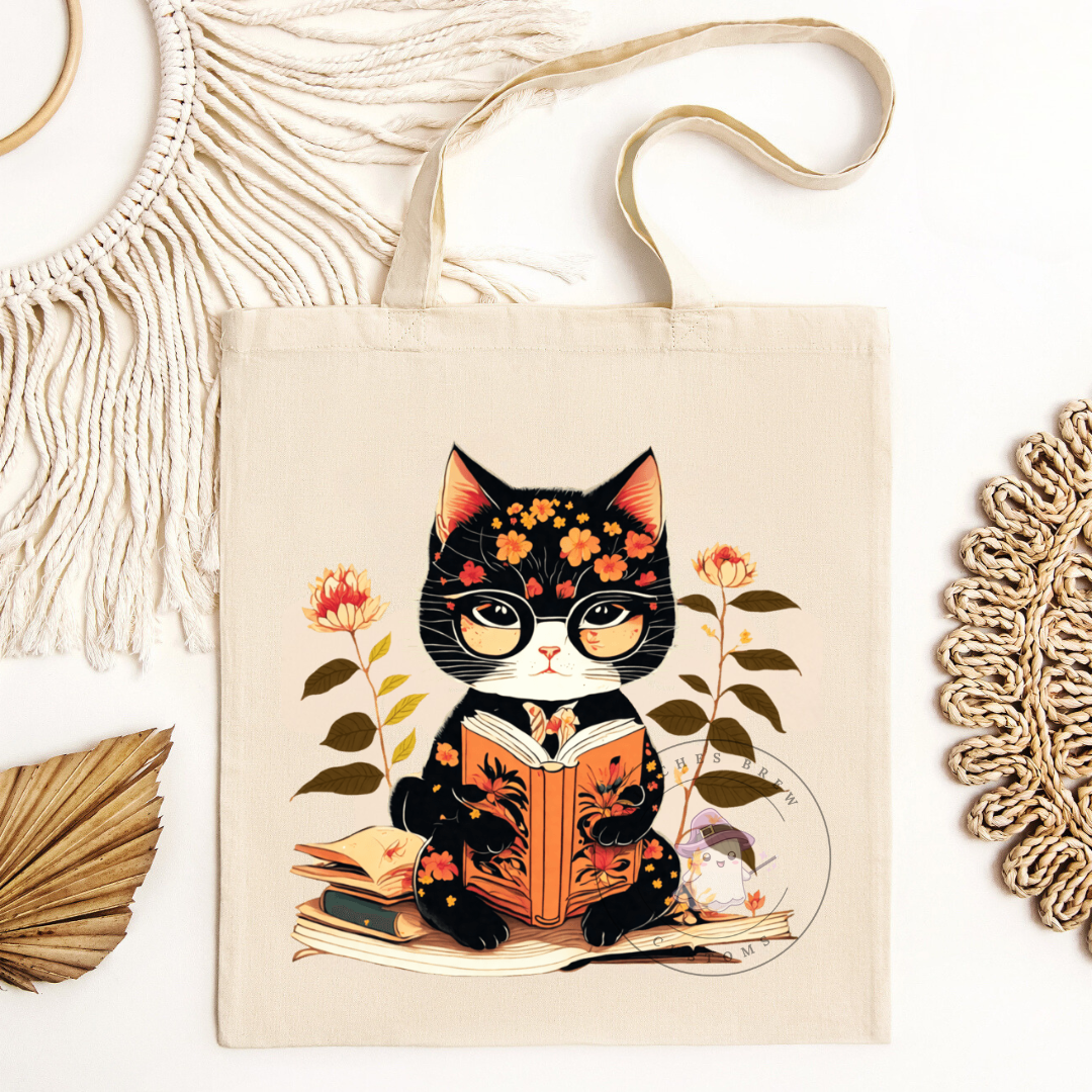 Black Cat Reading With Glasses Tote