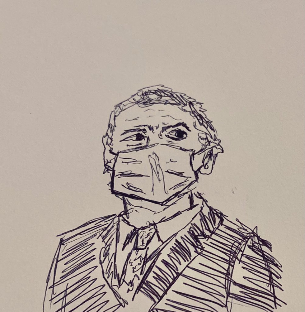 ink sketch of man wearing mask