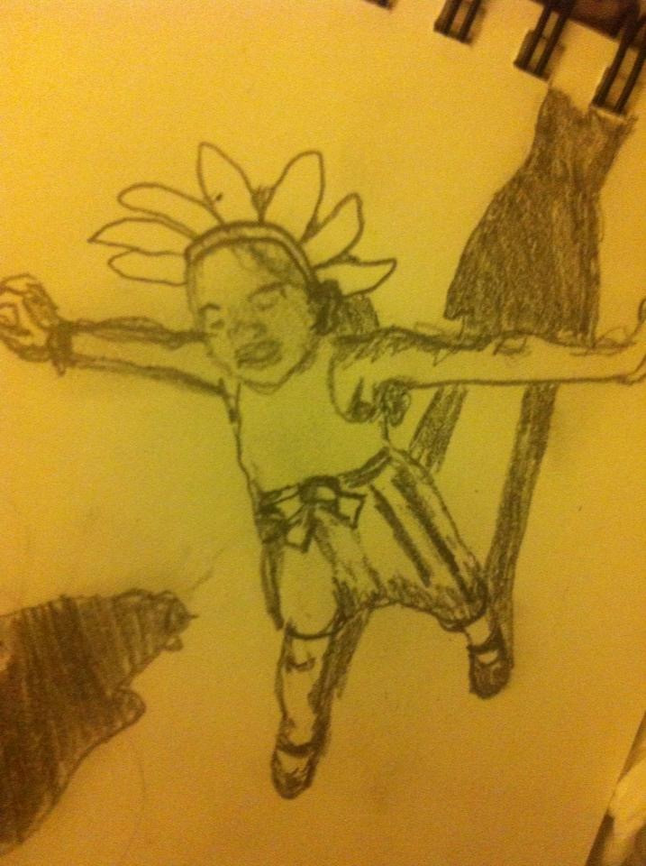 pencil drawing of girl with arms spread out and face looking up toward the sun.