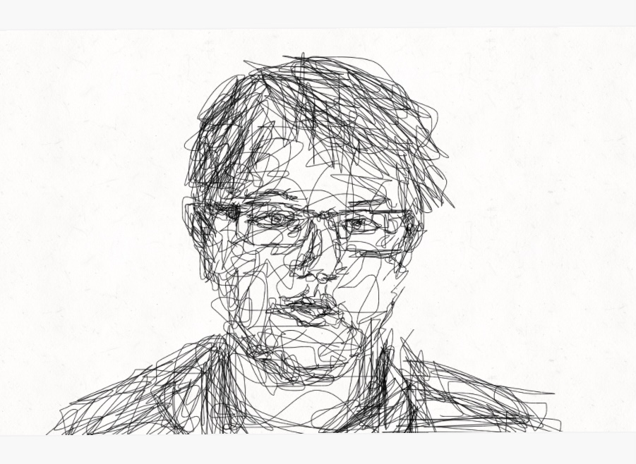 ink scribble sketch of man wearing glasses.