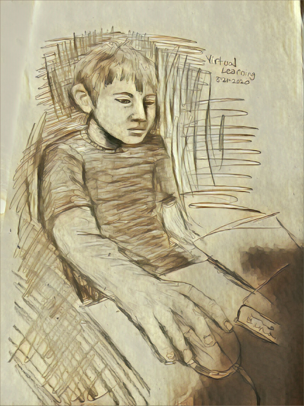 sketch of boy on computer