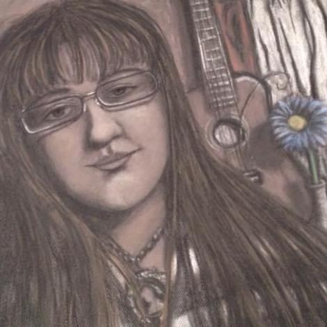 charcoal and pastel drawing of woman wearing glasses and guitar and blue daisy in the background