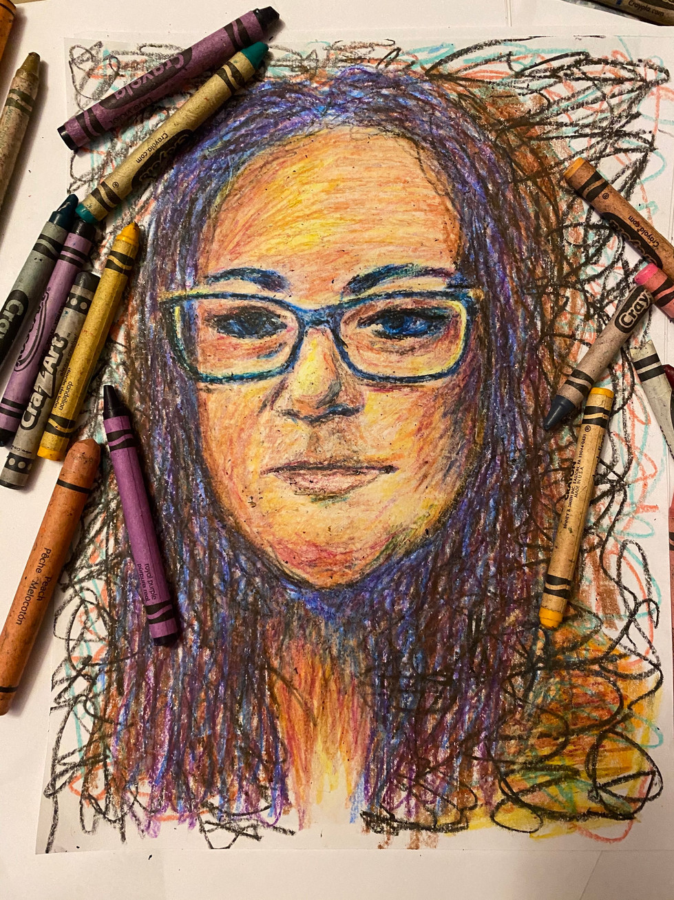 crayola drawing of woman wearing glasses