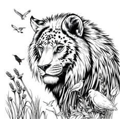 Black and white illustration of a leopard surrounded by birds and plants. Birds fly and perch on foliage, creating a tranquil, natural scene.