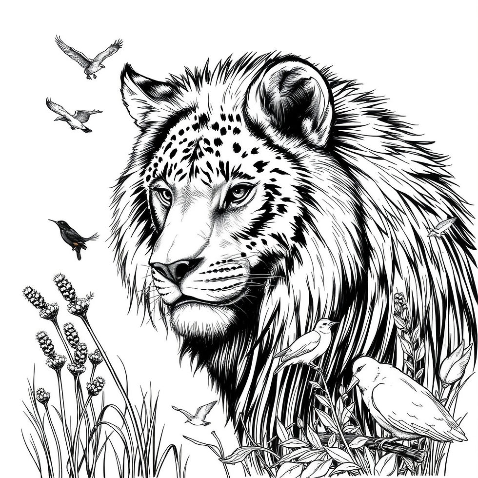 Black and white illustration of a leopard surrounded by birds and plants. Birds fly and perch on foliage, creating a tranquil, natural scene.