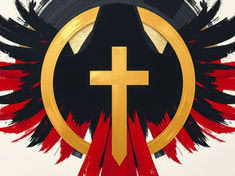 Gold cross inside a ring with black and red wings on a light background, bold emblem-like design with a dramatic feel