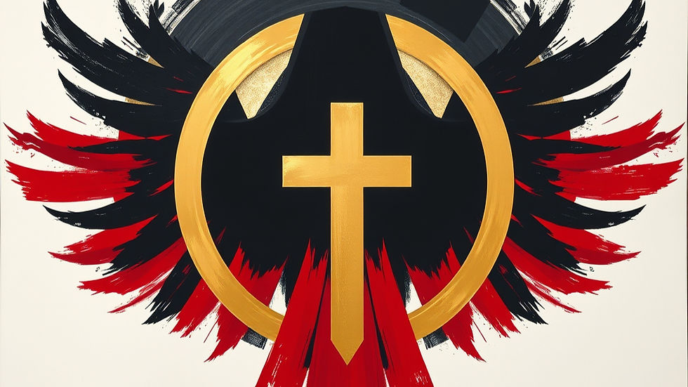 Gold cross inside a ring with black and red wings on a light background, bold emblem-like design with a dramatic feel