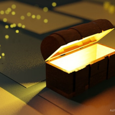 Open treasure chest glowing with golden light, surrounded by floating yellow orbs on a dark, patterned surface.