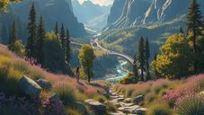 A woman walks on a flower-lined path in a mountainous valley with a river and winding road. Lush greenery and bright flowers create a serene scene.