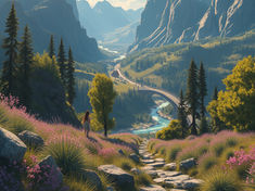 A woman walks on a flower-lined path in a mountainous valley with a river and winding road. Lush greenery and bright flowers create a serene scene.